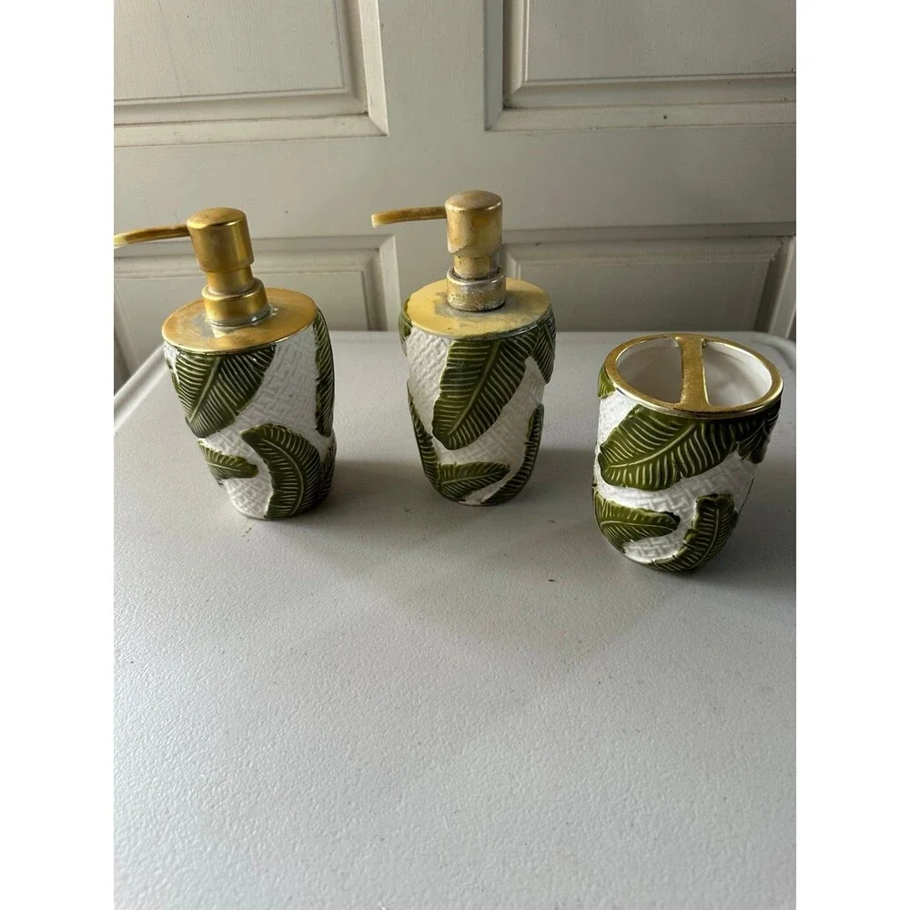 Textured 3D Banana Leaves Lauhala Weave 3 Bathroom Liquid Dispensers Container